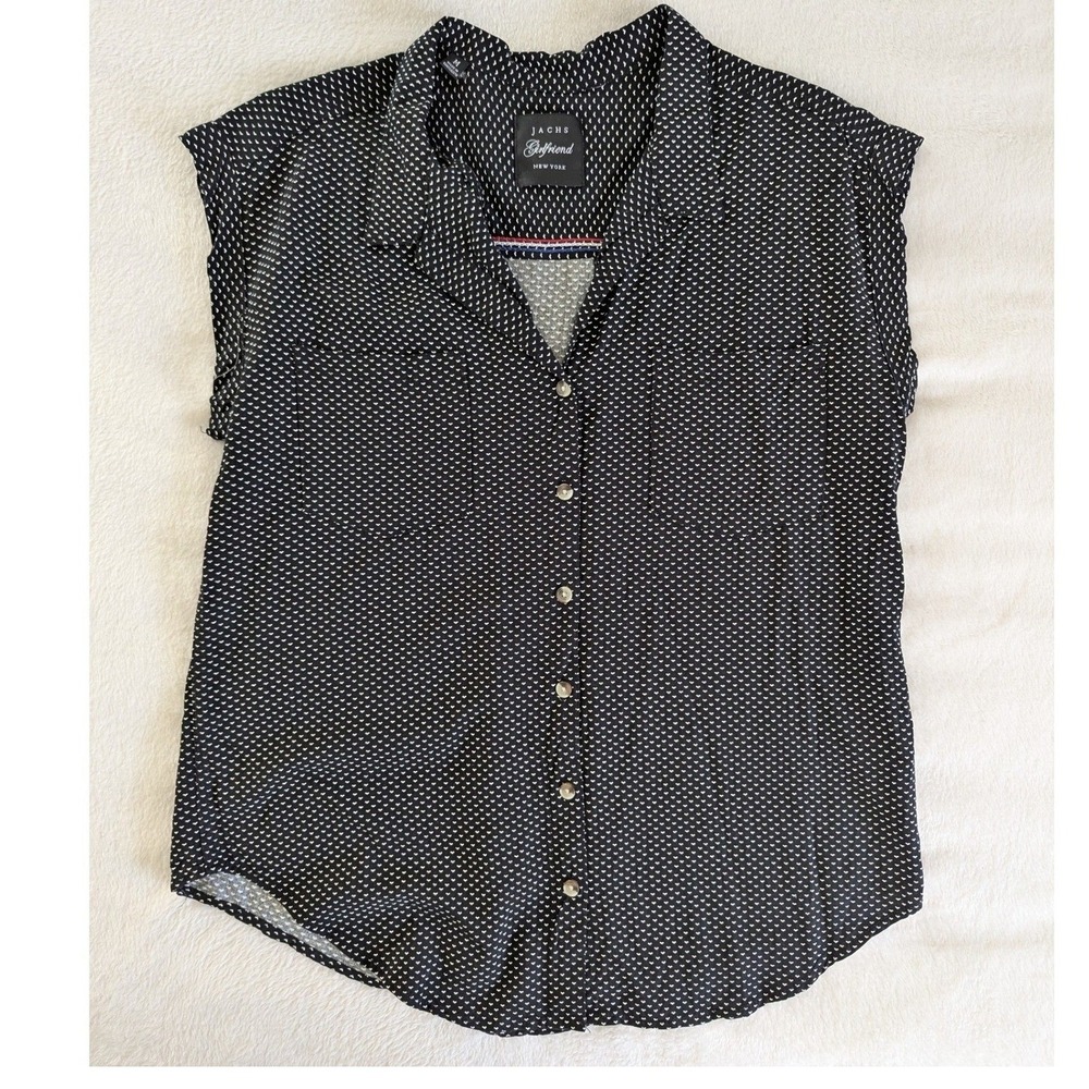 Jachs Girlfriend Button Up Shirt Black White Geometric Print Cap Sleeve Sz M
